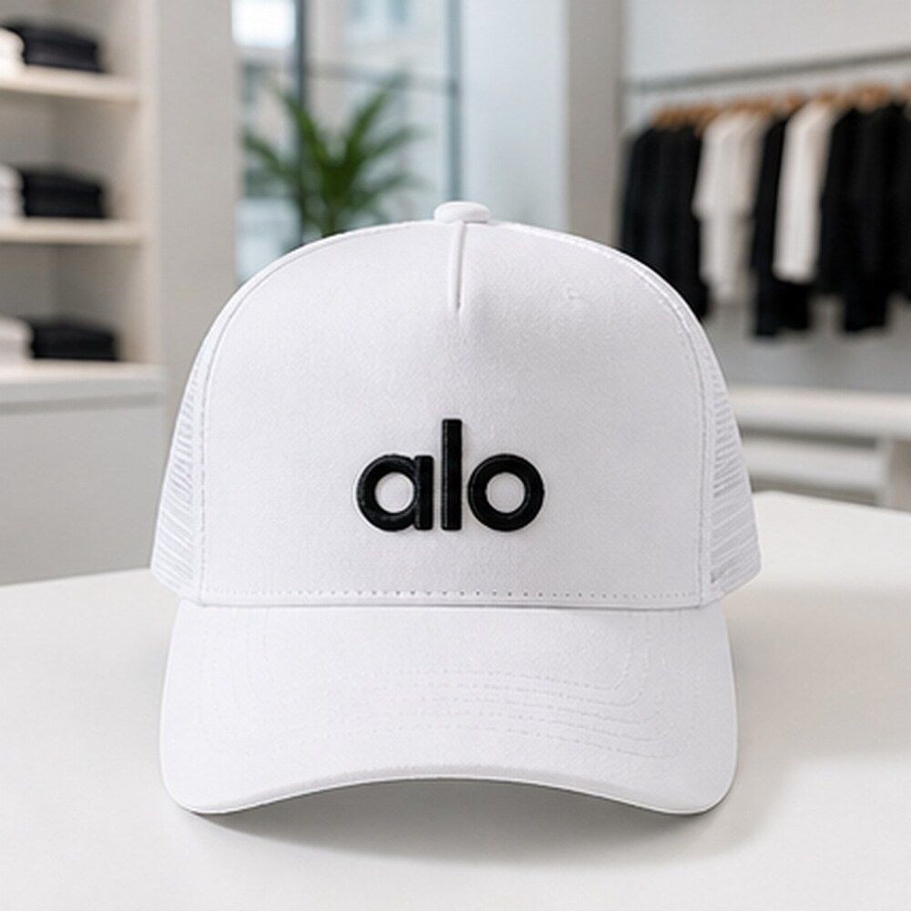 ALO Yoga White Black Studio Mesh Trucker Cap Hat NWT